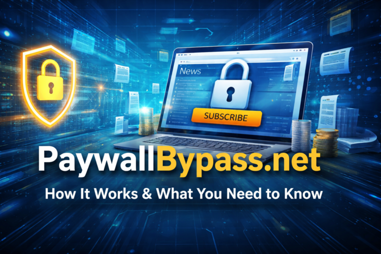 Digital illustration of PaywallBypass.net concept showing locked content, subscription paywall, and online article access system