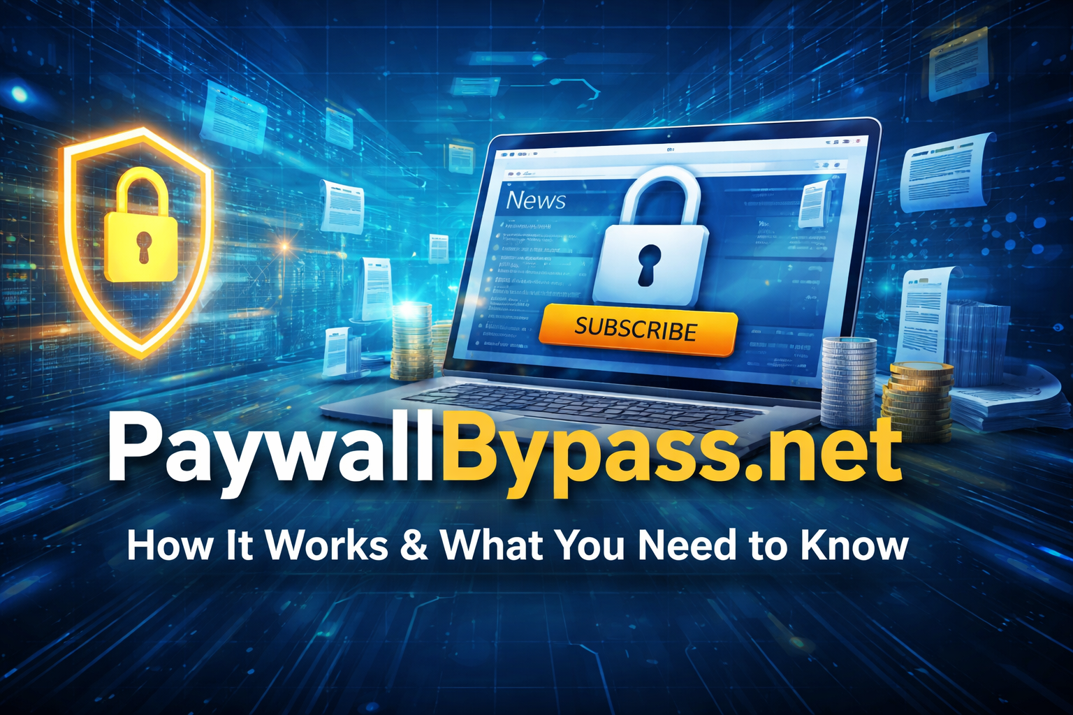 Digital illustration of PaywallBypass.net concept showing locked content, subscription paywall, and online article access system
