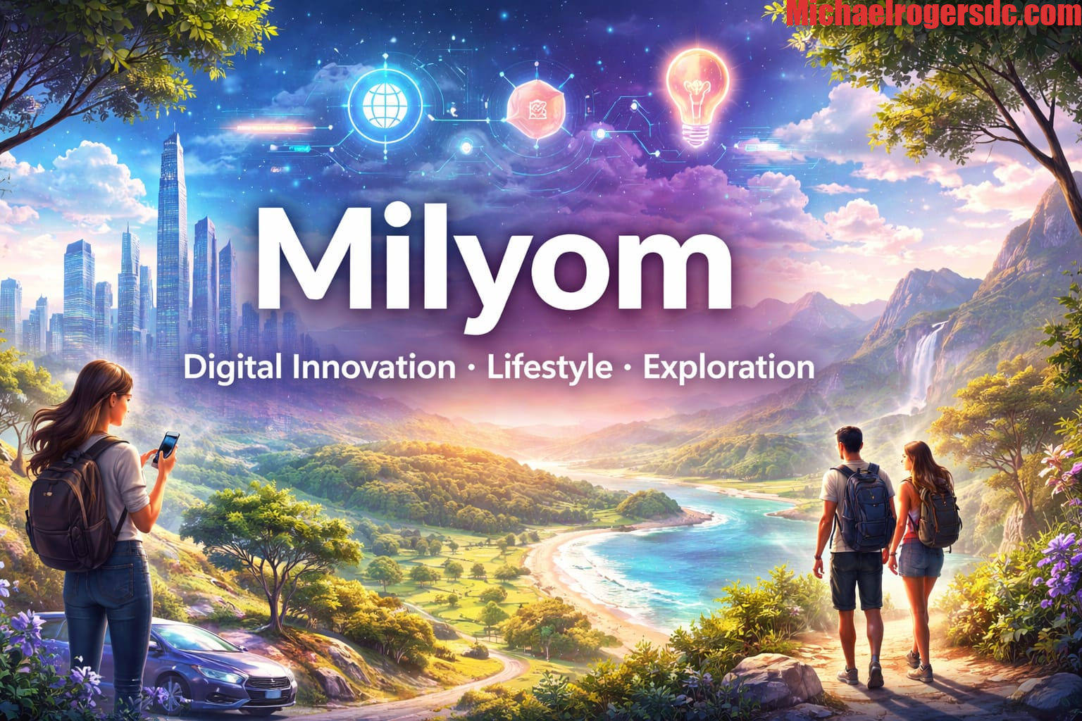 Milyom digital illustration showing urban skyline, nature landscapes, and hikers, representing innovation, lifestyle, and exploration