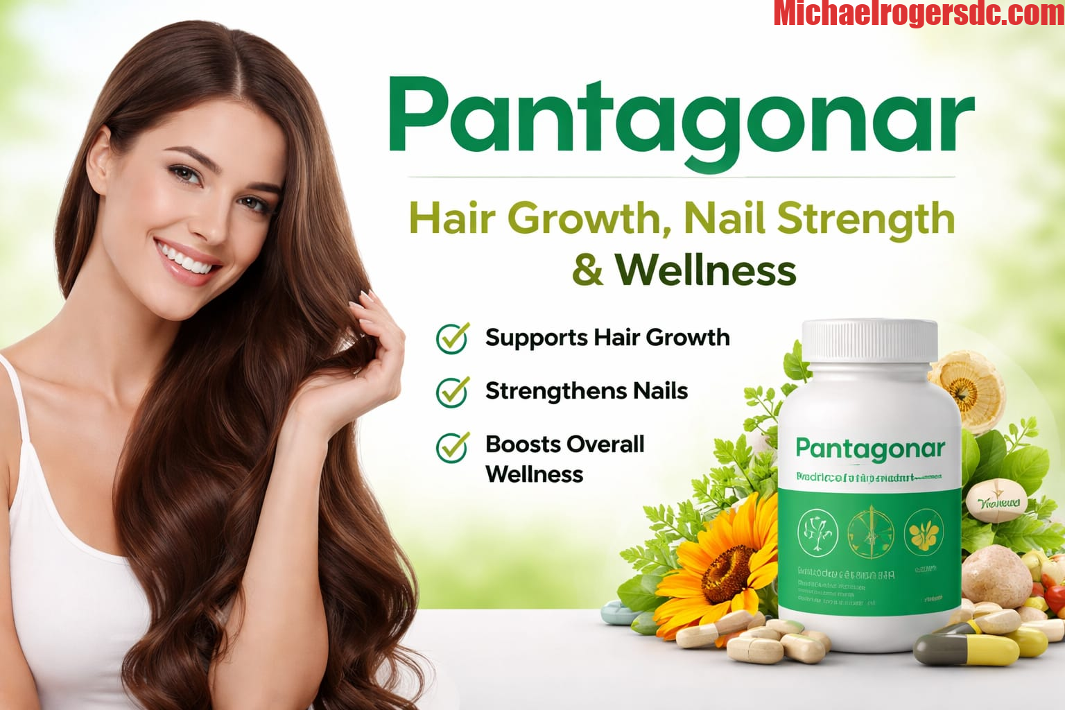 Smiling woman with long, healthy hair next to Pantagonar supplement bottle, surrounded by natural ingredients for hair, nails, and wellness